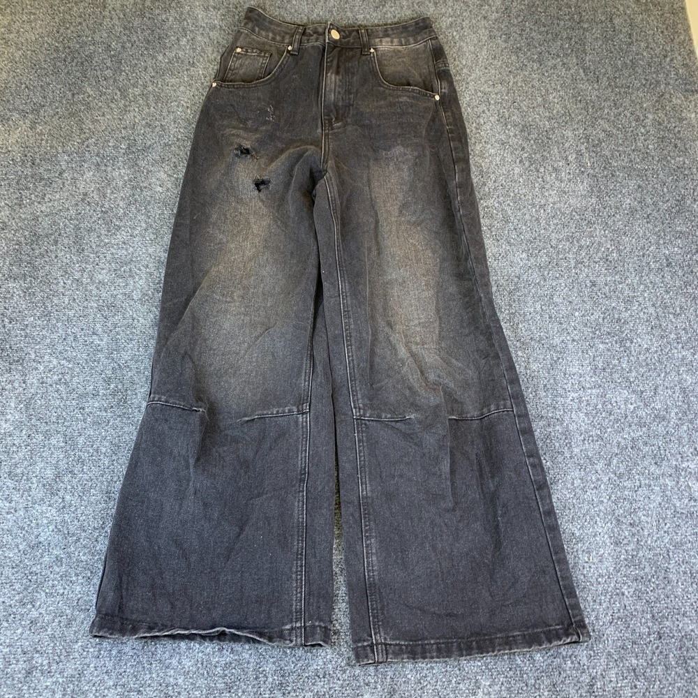 Myoursa Wide Leg Jeans Women XS Black Good Distressed High Rise MYJ041